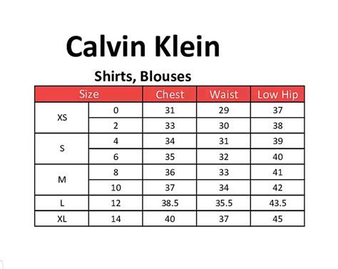 calvin klein size chart uk.